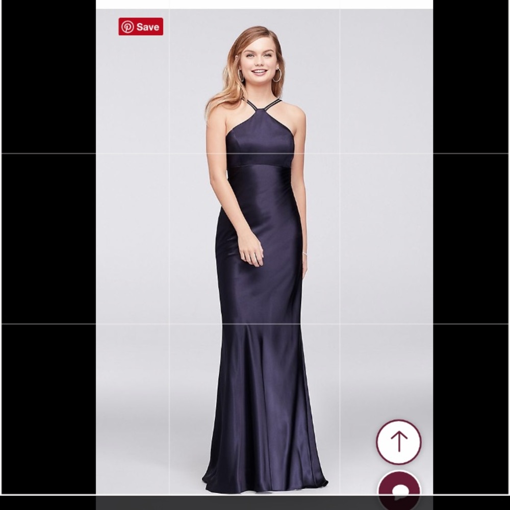 Xscape Navy charmeuse halter sheath gown #XS9708